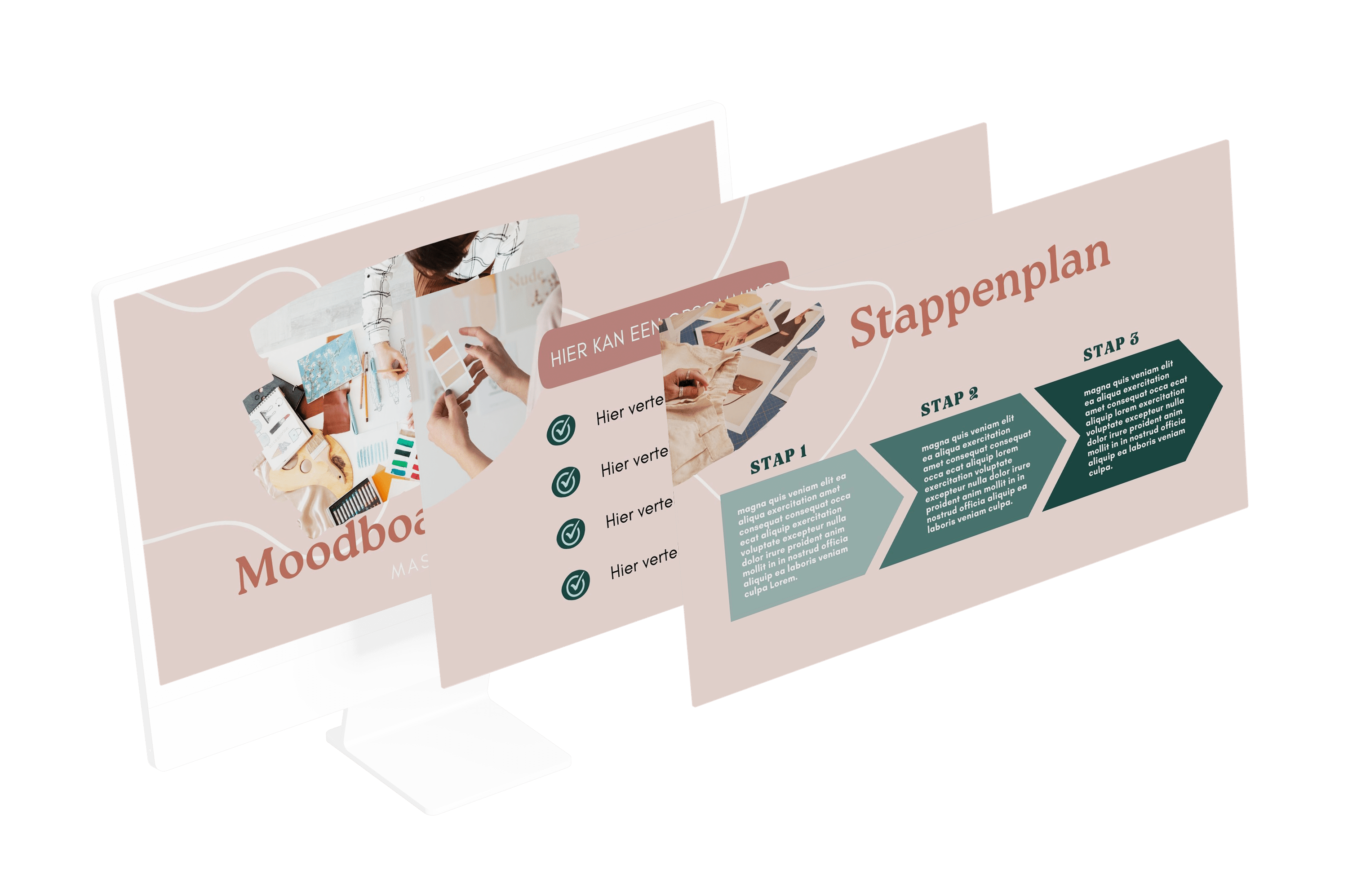 Voorbeeld van 3 slides uit de masterclass Canva template